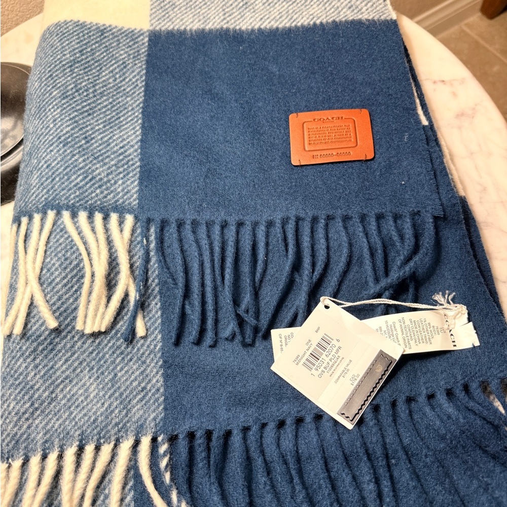 Coach Blue and White Plaid Scarf